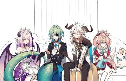 2boys 2girls anaxa_(honkai:_star_rail) aqua_hair castorice_(honkai:_star_rail) closed_eyes creature highres honkai:_star_rail honkai_(series) hyacine_(honkai:_star_rail) multiple_boys multiple_girls phainon_(honkai:_star_rail) pink_hair purple_eyes purple_hair simple_background sitting smile suinian0708 white_background white_hair wings