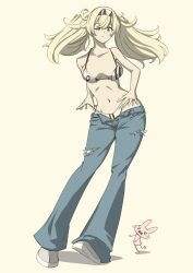 1girl bikini chakoru character_request denim jeans one_eye_closed pants photo_(medium) swimsuit tagme wink
