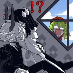 !? 1boy 1girl androgynous black_hair caught cloud cloudy_sky couple day etihw funamusea funamusea_(artist) glasses green_hair haiiro_teien hetero horns kcalb kiss peeking sky white_hair window yosafire_(funamusea)