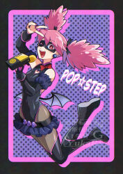 1girl artist_request black_leotard black_thighhighs boku_no_hero_academia closed_mouth clothing_cutout curvy earrings eye_mask haneyama_kazuho highleg highleg_leotard holding holding_microphone jewelry leotard long_hair looking_at_viewer mask microphone one_eye_closed pantyhose pink_eyes pink_hair revealing_clothes skirt smile solo thighhighs twintails v vigilante_-boku_no_hero_academia:_illegals- wide_hips wings wink