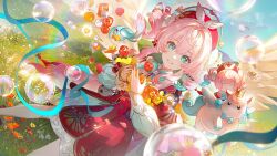 1girl aircraft aqua_bow aqua_bowtie aqua_eyes aqua_hair bow bowtie dress drill_hair gradient_hair highres honkai:_star_rail honkai_(series) hyacine_(honkai:_star_rail) little_ica_(honkai:_star_rail) long_sleeves medium_hair multicolored_hair outdoors pantyhose parted_lips pink_hair red_dress sitting smile twin_drills twintails white_pantyhose zuozhan_xing59