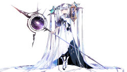 1girl absurdly_long_hair boots commentary_request commission dress fantasy full_body galaxy grey_eyes highres holding holding_lantern holding_staff lantern long_hair original pixiv_commission robe simple_background smile solo staff sumi_keiichi very_long_hair white_background white_hair witch