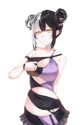 Rule 34 | 1girl, absurdres, bikini, black bikini, black hair, breasts, cleavage, double bun, grey hair, hair bun, highres, hololive, hololive english, kurochanai, large breasts, looking at viewer, multicolored bikini, multicolored hair, purple bikini, shiori novella, simple background, solo, split-color hair, swimsuit, two-tone bikini, two-tone hair, virtual youtuber, white background, yellow eyes