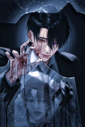 Rule 34 | 1boy, absurdres, aegyo sal, black hair, black jacket, black necktie, blood, blood on face, blood on mouth, blue eyes, broken glass, closed mouth, earrings, eyes visible through hair, face piercing, glass, hair over one eye, heterochromia, highres, jacket, jewelry, looking at viewer, male focus, mouth piercing, necktie, nosebleed, original, parted bangs, piercing, red eyes, reflection, scar, scar across eye, scar on face, shirt, short hair, slit pupils, smile, suit jacket, toscana20460423, upper body, white shirt