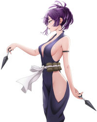 Rule 34 | 1girl, absurdres, breasts, commentary request, gibun (sozoshu), highres, holding, holding kunai, holding weapon, jigokuraku, kunai, medium breasts, ninja, purple eyes, purple hair, revision, short hair, sideboob, simple background, solo, standing, weapon, white background, yuzuriha (jigokuraku)