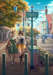 2girls absurdres animal_ears black_hair black_shirt blue_jacket brown_hair closed_eyes closed_mouth commentary cup disposable_cup dress gojek green_dress highres horse_ears horse_girl horse_tail jacket kitasan_black_(umamusume) long_hair long_sleeves looking_at_another midorin_567 multicolored_hair multiple_girls open_mouth outdoors people satono_diamond_(umamusume) shirt short_hair sidewalk skirt smile standing streaked_hair tail traffic_light tree umamusume walking white_streaks yellow_skirt