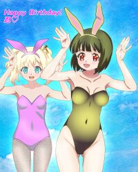2girls alice_cartelet blonde_hair breasts cleavage green_hair green_leotard highres kin-iro_mosaic leotard multiple_girls oomiya_shinobu pink_leotard playboy_bunny