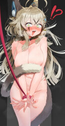 Rule 34 | !?, 1girl, @ @, absurdres, ahoge, animal ears, black choker, blush, bound, breasts, brown hair, cat ears, cat girl, cat tail, choker, collarbone, commentary, commentary request, covering breasts, covering privates, embarrassed, fingernails, genshin impact, green eyes, highres, keureu (tiqkdtiqkd10), kirara (genshin impact), large breasts, long hair, looking at viewer, multiple tails, nose blush, open mouth, restrained, solo, standing, sweat, symbol-only commentary, tail, tears