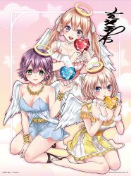 3girls amano_erika angel angel_wings bare_shoulders barefoot blonde_hair blue_dress blue_eyes blush bracelet breasts cleavage copyright_name dress gem gladiator_sandals gold_bracelet gold_necklace green_eyes halo highres holding holding_gem jewelry kakkou_no_iinazuke large_breasts long_hair multiple_girls necklace official_art open_mouth pink_dress purple_eyes purple_hair sandals segawa_hiro seiza short_dress short_hair sitting smile strapless strapless_dress twintails umino_sachi_(kakkou_no_iinazuke) very_long_hair wings yellow_dress yoshikawa_miki
