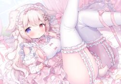 1girl animal_ears blonde_hair blue_eyes blush bow bowtie breasts commentary_request day detached_sleeves feet_out_of_frame frilled_garter frilled_panties frilled_thighhighs frills garter_straps hair_bow hair_ornament heart heart_hair_ornament heterochromia indoors juliet_sleeves leg_ribbon light_particles long_hair long_sleeves lop_rabbit_ears maid_headdress medium_breasts on_bed original panties pantyshot parted_lips pink_bow pink_bowtie pink_panties pink_ribbon pink_skirt pink_theme pom_pom_(clothes) pom_pom_hair_ornament puffy_sleeves rabbit_ears rabbit_girl rabbit_tail red_eyes ribbon shirt skirt solo striped_clothes striped_panties tail thighhighs thighs tsukimi_mumi underwear white_shirt white_sleeves white_thighhighs window x_hair_ornament yellow_bow