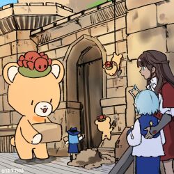 Rule 34 | 1boy, 2girls, asha in erinn, brick, castle, cowenna, dress, eochaid (mabinogi), lorna, mabinogi, multiple girls, outdoors, red dress, robe, stuffed animal, stuffed toy, teddy bear