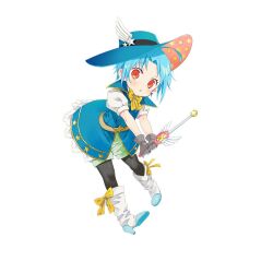 1girl blue_hair blue_hat boots bow bowtie hat holding knee_boots large_hat merueto orange_eyes sapphire_(uchihime) uchi_no_hime-sama_ga_ichiban_kawaii white_boots wing_ornament yellow_bow yellow_bowtie