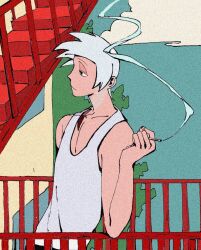 Rule 34 | 1boy, akagi: yami ni oritatta tensai, akagi shigeru, black eyes, blue sky, chinese commentary, cigarette, closed mouth, cloud, commentary request, expressionless, fukumoto mahjong, grey tank top, half-closed eyes, highres, holding, holding cigarette, ligne claire, looking afar, male focus, nanji yuan zhumin, outdoors, railing, scar, scar on shoulder, short hair, sky, solo, stairs, tank top, upper body