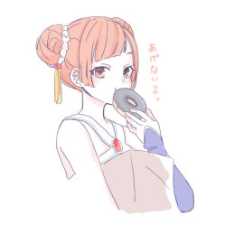 1girl absurdres bag bare_shoulders brown_eyes brown_hair cropped_torso donut double_bun food hair_bun hand_up highres holding holding_food laufen_(sousou_no_frieren) looking_at_viewer paper_bag seila_rei simple_background solo sousou_no_frieren translation_request upper_body white_background