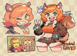 1boy 1girl absurdres acorn animal_ears arc_reactor armor avengers_(series) breasts brown_hair brown_jacket brown_tail buck_teeth crop_top freckles freckles_on_breasts gloves green_eyes highres iron_man iron_man_(series) jacket large_breasts large_tail looking_at_viewer marvel marvel_rivals navel orange_hair power_armor rariatto_(ganguri) short_hair shorts squirrel squirrel_ears squirrel_girl squirrel_girl_(marvel) squirrel_tail superhero_costume tail teeth thigh_freckles thighs tippy-toe