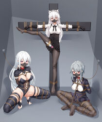 Rule 34 | 3girls, absurdres, animal ear fluff, animal ears, arms behind back, bdsm, black bow, black bowtie, black dress, black gloves, black leotard, black pantyhose, black thighhighs, blazer, blush, bondage, bound, bound arms, bound legs, bow, bowtie, breast bondage, breasts, cat ears, collar, collared shirt, cross, crotch rope, crucifixion, dress, frilled dress, frills, gag, gag under mask, gagged ball gag, gloves, grey hair, highres, hitachi magic wand, jacket, large breasts, leash, leg up, leotard, long hair, looking at viewer, mask, medium breasts, multiple girls, no shoes, open mouth, original, pantyhose, pleated skirt, pointy ears, red eyes, restrained, sex toy, shibari, shibari over clothes, shirt, shrug (clothing), sidelocks, sitting, skindentation, skirt, slave, spread legs, squatting, standing, stirrup legwear, suspension, t zhonglang, thigh strap, thighhighs, toeless legwear, very long hair, vibrator, white hair, white shirt, wiffle gag