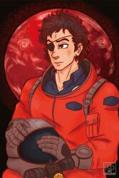 1boy artist_name black_hair blue_eyes blue_shirt closed_mouth collared_shirt dated eyelashes eyepatch helmet holding_unworn_helmet kyokugen_dasshutsu kyokugen_dasshutsu_adv:_zennin_shibou_desu male_focus planet robidium shirt short_hair sigma_(kyokugen_dasshutsu) sitting solo space_helmet spacesuit spoilers