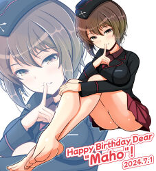 Rule 34 | 1girl, ass, barefoot, blush, breasts, brown eyes, brown hair, feet, finger to mouth, girls und panzer, hat, highres, kumaisao, kuromorimine military uniform, large breasts, looking at viewer, military hat, military uniform, miniskirt, nishizumi maho, red skirt, short hair, simple background, skirt, solo, white background