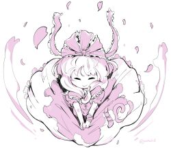 1girl arm_ribbon bow closed_eyes dress frilled_dress frills front_ponytail hair_bow hair_ribbon highres kagiyama_hina monochrome partially_colored petals pink_theme puffy_short_sleeves puffy_sleeves ribbon short_sleeves smile solo touhou white_background wind wind_lift yanotsuki18