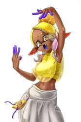 1girl blonde_hair breasts colored_extremities colored_eyelashes colored_tongue crop_top dark-skinned_female dark_skin fangs frye_(splatoon) laz_gm medium_breasts midriff navel nintendo open_mouth pointy_ears see-through_clothes see-through_shawl shawl short_eyebrows solo splatoon_(series) splatoon_3 yellow_eyes