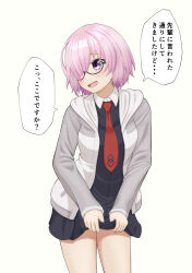 1girl black_dress clothes_grab collared_shirt commentary_request cowboy_shot dress fate/grand_order fate_(series) glasses grey_jacket hair_over_one_eye highres jacket light_blush looking_to_the_side mash_kyrielight necktie no_legwear open_clothes open_jacket open_mouth paid_reward_available pink_hair purple_eyes red_necktie shirt short_hair skirt_grab solo speech_bubble tanakaminos white_background