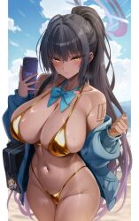 1girl bikini black_hair blue_archive blue_sweater blush breasts cleavage dark-skinned_female dark_skin gold_bikini golden_week_bikini halo highres karin_(blue_archive) karin_(school_uniform)_(blue_archive) large_breasts long_hair long_sleeves looking_at_viewer navel off_shoulder oni-noboru solo sweater swimsuit yellow_eyes