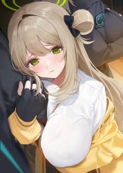 1other 2girls :t black_bow black_gloves blue_archive blurry blush bow breast_press breasts brown_hair closed_mouth depth_of_field fingerless_gloves gloves grabbing_another&#039;s_arm green_eyes green_halo hair_between_eyes hair_bow hair_intakes hair_ornament hair_rings halo highlander_railway_academy_logo highres huge_breasts long_hair long_sleeves looking_at_viewer medium_hair multiple_girls nonomi_(blue_archive) pout revision shirt single_hair_ring solo_focus suou_(blue_archive) white_shirt xiujia_yihuizi