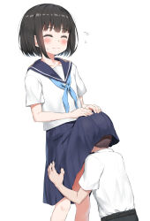 Rule 34 | 1boy, 1girl, absurdres, black hair, blue neckerchief, blue sailor collar, blue skirt, blush, bob cut, closed eyes, closed mouth, collarbone, embarrassed, faceless, faceless male, feet out of frame, flying sweatdrops, hands on another&#039;s thighs, head under another&#039;s clothes, head under skirt, highres, medium skirt, neckerchief, nedia (nedia region), original, pleated skirt, sailor collar, school uniform, serafuku, shirt, short hair, short sleeves, simple background, skirt, standing, sweat, under another&#039;s clothes, wavy mouth, white background, white serafuku, white shirt