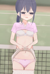 1girl angry black_eyes black_hair blush bow bow_bra bow_panties bra breasts cleavage clothes_lift crotch_seam embarrassed layered_panties loli long_hair looking_at_viewer low_ponytail navel open_mouth original panties panty_pull pink_bow pink_panties pink_shirt ponytail shirt shirt_lift shooko short_sleeves sidelocks skirt skirt_lift small_breasts sportswear standing steam sweat tennis_court tennis_net tennis_uniform underwear white_bow white_bra white_skirt