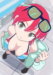 1girl amate_yuzuriha aqua_hair aqua_jacket bare_shoulders bikini black_shoes blue_eyes breasts cleavage eyewear_on_head from_above gundam gundam_gquuuuuux hair_between_eyes halterneck highres jacket kazewashi looking_at_viewer medium_breasts multicolored_hair off_shoulder open_mouth red_hair shoes short_hair solo streaked_hair striped_bikini striped_clothes swimsuit swimsuit_under_clothes