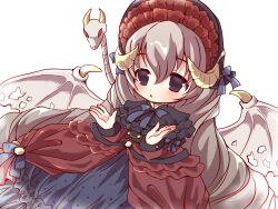 black_capelet black_eyes capelet demon_girl demon_horns demon_wings dress drill_hair emil_chronicle_online frilled_capelet frilled_hat frills grey_hair hat highres horns kurosaki_yomi lucifero_lore red_dress white_background white_wings wings
