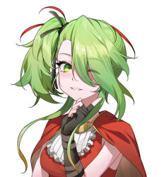 1girl blush cape deathpolca demons_roots fingerless_gloves gloves green_eyes green_hair hair_over_one_eye heianjian long_hair looking_at_viewer one_eye_closed one_side_up simple_background smile solo upper_body white_background