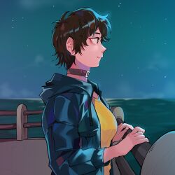 1girl absurdres aqua_coat breasts brown_collar brown_eyes brown_hair coat collar diforland from_side highres medium_breasts night open_clothes open_coat original outdoors shirt short_hair solo upper_body water yellow_shirt
