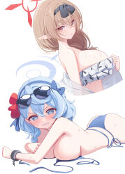 2girls ako_(blue_archive) alternate_costume ass bikini black_hairband blue_archive blue_bikini blue_eyes blue_hair blue_hairband blue_halo breasts brown_eyes brown_hair chinatsu_(blue_archive) cleavage deadnooodles eyewear_on_head hair_between_eyes hairband halo highres large_breasts looking_at_viewer lying multiple_girls on_stomach pointy_ears red_halo side-tie_bikini_bottom simple_background single_handcuff sunglasses sweat swimsuit upper_body wet wet_bikini wet_clothes white_background white_bikini