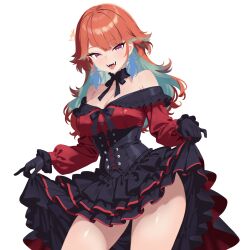 1girl absurdres alternate_costume bare_shoulders black_corset black_gloves clothes_lift colored_inner_hair corset cross-laced_clothes cross-laced_corset dress earrings fangs feather_earrings feathers frilled_dress frills gloves green_hair highres hololive hololive_english jewelry long_hair looking_at_viewer multicolored_hair open_mouth orange_hair purple_eyes simple_background skirt skirt_lift smile solo strapless strapless_dress takanashi_kiara takokatsu tongue tongue_out two-tone_hair virtual_youtuber white_background