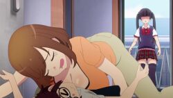 &gt;_&lt; 1boy 2girls @_@ akutsu_eita animated anime_screenshot ass black_hair blue_vest breast_press breast_smother breasts brown_hair brown_pants cleavage face_to_breasts girl_on_top glasses highres huge_ass kakushite!_makina-san!! large_breasts mamimi_(makina-san) mature_female multiple_girls ooya-san_(makina-san) orange_shirt pants red_skirt school_uniform shirt skirt sound tagme twintails unconscious vest video white_shirt wide_hips