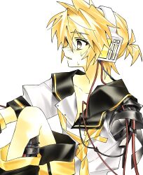 1boy 2000s_(style) absurdres blonde_hair faux_retro_artstyle headphones highres hynn0x_x kagamine_len male_focus necktie pale_skin ponytail shirt short_ponytail vocaloid white_background yellow_necktie