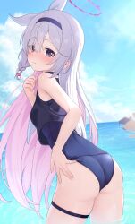 1girl absurdres black_eyes blue_archive blush breasts hairband halo haluka_o0 highres loli long_hair ocean plana_(blue_archive) sky swimsuit white_hair