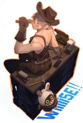 Rule 34 | 1boy, arm support, arm up, back, back muscles, bare shoulders, belt, brown belt, brown gloves, brown hat, brown overalls, closed mouth, collarbone, commentary, controller, cowboy hat, desk, dirty, dirty face, english commentary, english text, eous (zenless zone zero), from above, gloves, grey eyes, grey hair, hair between eyes, hammer, hat, highres, holding, holding wrench, kefipies, looking back, male focus, on desk, overalls, pliers, remote control, simple background, sitting, smile, solo, toolbox, topless male, white background, wise (zenless zone zero), wrench, zenless zone zero
