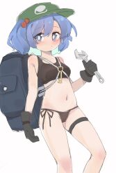 1girl absurdres backpack bag bare_shoulders bikini black_bikini black_gloves black_tank_top blue_bag blue_eyes blue_hair blush breasts collarbone eyebrows_hidden_by_hair feet_out_of_frame flat_cap gloves green_hat gumingdi_ban hair_bobbles hair_ornament hat highres holding holding_wrench kawashiro_nitori key looking_at_viewer navel panties short_hair side-tie_bikini_bottom side-tie_panties simple_background solo sports_bra swimsuit tank_top thigh_strap thighs touhou two_side_up underwear white_background white_panties wrench