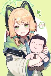 Rule 34 | 1girl, absurdres, animal ear headphones, animal ears, aqua necktie, blonde hair, blue archive, blush, bow, buttons, cat ear headphones, cat ears, character doll, collared shirt, commentary, doll, doodle sensei (blue archive), dot nose, fake animal ears, green background, green bow, green eyes, green halo, green jacket, hair bow, halo, headphones, heart, highres, hood, hood down, hooded jacket, hugging doll, hugging object, jacket, long sleeves, looking at viewer, low-tied sidelocks, medium hair, midori (blue archive), multicolored jacket, necktie, nr star, open clothes, open jacket, open mouth, parted bangs, school uniform, sensei (blue archive), shirt, short necktie, sidelocks, simple background, solo, spoken blush, two-tone background, unbuttoned, upper body, white background, white jacket, white shirt, wide sleeves
