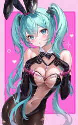 Rule 34 | 1girl, absurdres, animal ears, aqua eyes, aqua hair, between breasts, black bow, black bowtie, black gloves, black pantyhose, blush, border, bow, bowtie, breasts, crossed bangs, cuffs, detached collar, double-parted bangs, elbow gloves, fake animal ears, four-finger heart hands, furrowed brow, gloves, hair between eyes, hair bow, handcuffs, hatsune miku, heart, heart hands, highleg, highleg leotard, highres, large breasts, leaning to the side, leotard, long hair, looking at viewer, navel, outside border, pantyhose, parted lips, pink background, pink border, playboy bunny, rabbit ears, revision, ryu o, see-through clothes, see-through leotard, small sweatdrop, solo, thigh gap, torn clothes, torn pantyhose, twintails, very long hair, vocaloid