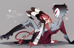 2boys ama0805 arm_support bird_boy blitzo_(helluva_boss) colored_skin demon_boy demon_horns demon_tail extra_eyes furry furry_male helluva_boss highres horns multiple_boys red_eyes red_robe red_skin robe sharp_teeth stolas_(helluva_boss) tail teeth yaoi