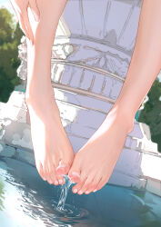 1girl absurdres barefoot feet foot_focus fountain hand_on_own_leg highres mochizuki_ao original out_of_frame ripples toenails toes tree water wet