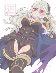 1girl absurdres armor black_armor black_hairband blue_cape breasts cape cleavage closed_mouth female_corrin_(fire_emblem) female_corrin_(nohr_noble)_(fire_emblem) fire_emblem fire_emblem_fates fire_emblem_heroes grey_hair hair_between_eyes hairband highres jewelry large_breasts leotard long_hair looking_at_viewer nintendo official_alternate_costume pointy_ears red_eyes simple_background solo sorane_amus thighhighs thighs