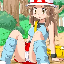 00s bag brown_eyes brown_hair hat leaf_(pokemon) long_hair loose_socks miniskirt nintendo panties pantyshot pokemoa pokemon pokemon_frlg skirt socks underwear upskirt white_panties