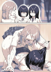3girls absurdres ayanakitori bad_source bar_censor blurry blurry_background blush bob_cut bra bra_pull breasts censored closed_mouth clothes_lift clothes_pull collared_shirt doggystyle drooling futa_with_female futanari glasses grabbing_another&#039;s_hair hair_between_eyes highres large_breasts long_hair multiple_girls neck_ribbon open_clothes open_mouth open_shirt original penis pleated_skirt rape ribbon saliva school_uniform sex sex_from_behind shirt short_hair skirt skirt_lift smile textless_version tongue top-down_bottom-up underwear