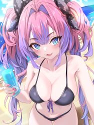 +_+ 1girl :3 ahoge bare_shoulders beach bikini black_bikini black_hair blue_eyes blush bottle breasts cleavage collarbone fingernails front-tie_bikini_top front-tie_top hair_intakes hair_ribbon highres holding holding_bottle hololive hololive_dev_is kikirara_vivi large_breasts long_hair looking_at_viewer lotion_bottle minoriminoru0 multicolored_hair nail_polish navel ocean open_mouth pink_hair pink_nails purple_hair ribbon sand smile solo stomach swimsuit thighs twintails two-tone_hair virtual_youtuber