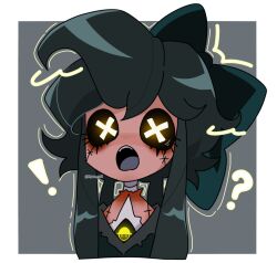 !?_(krkrgzgz) 1girl black_bow black_dress bow cyn_(murder_drones) dress frills highres humanoid_robot long_hair looking_at_viewer low-tied_sidelocks mechanical_arms murder_drones myaw_zuki open_mouth puffy_short_sleeves puffy_sleeves robot short_sleeves sidelocks simple_background solo yellow_eyes