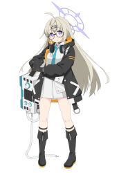 1girl :o ahoge amlrv3 black-framed_eyewear black_boots black_jacket blonde_hair blue_archive blue_necktie boots braid collared_shirt commentary_request dress_shirt full_body glasses halo headphones headphones_around_neck highres holding_strap jacket kotama_(blue_archive) long_hair miniskirt necktie open_clothes open_jacket parted_lips pleated_skirt purple_eyes purple_halo semi-rimless_eyewear shirt side_braid simple_background skirt solo standing two-sided_fabric two-sided_jacket under-rim_eyewear white_background white_shirt white_skirt
